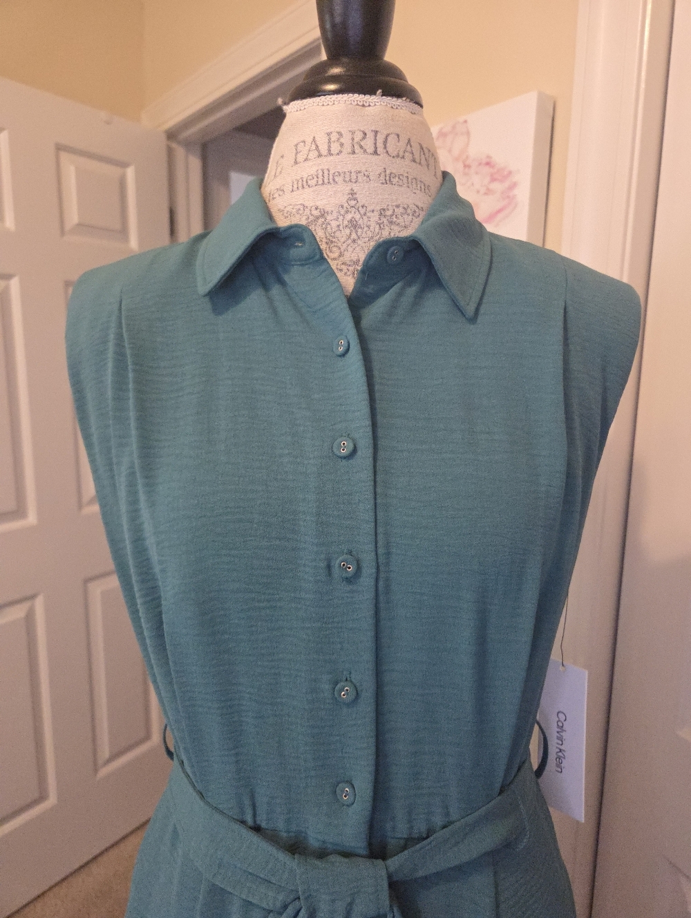 Calvin Klein Women's Teal Green Button Front Textured Cap Sleeve Dress 8 NWT - Picture 3 of 13